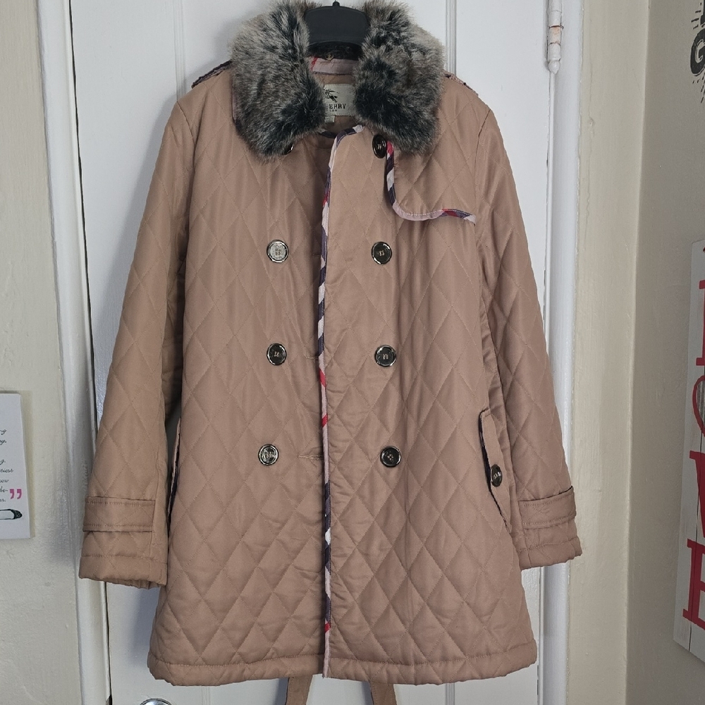 Burberry Tan Quilted Trench Coat with Faux Fur Collar